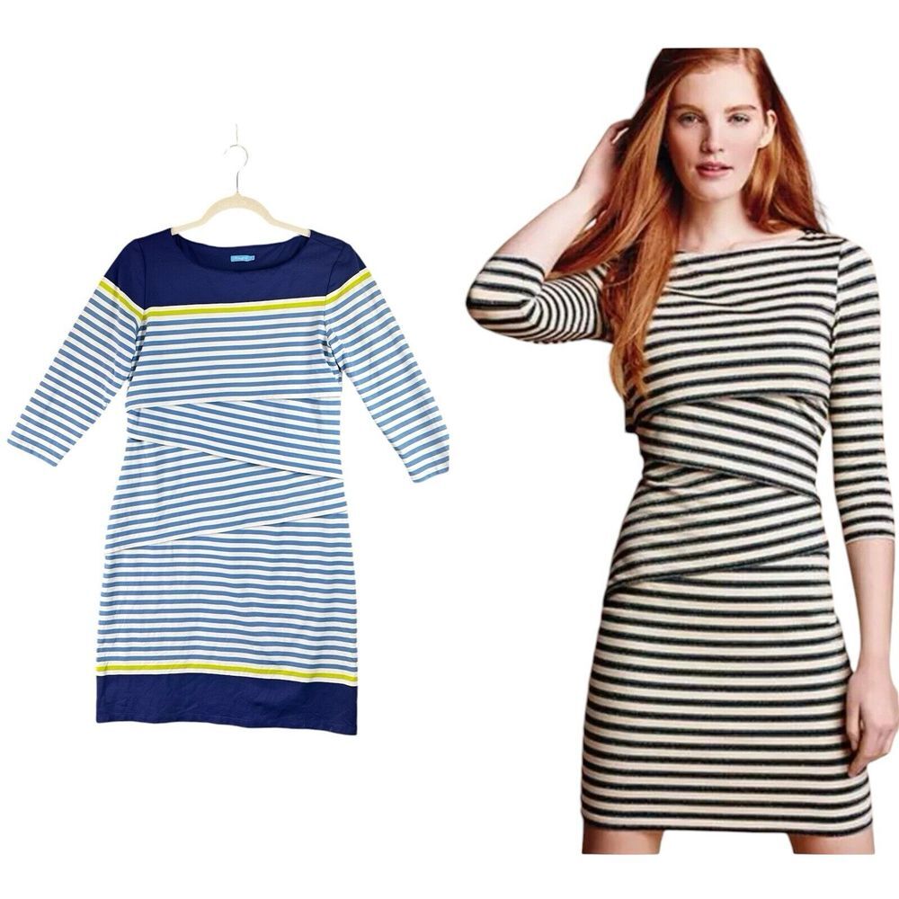 J McLaughlin Nicola Tiered Dress Blue White Striped Catalina Cloth Medium Stretc